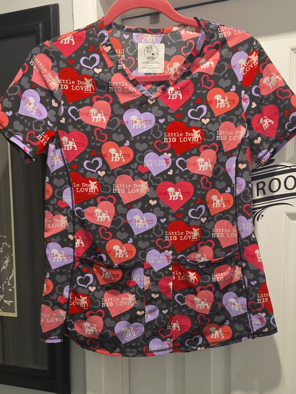Gray Short Sleeve Scrub with Red & Purple Heart Dog Print